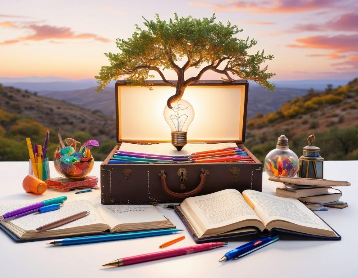 An open treasure chest overflowing with vibrant writing tools like colorful pens, notebooks, and a glowing light bulb symbolizing creativity. In the background, a scenic landscape with a winding path leading to an expansive digital horizon filled with glowing ideas and blog posts. Include a whimsical tree made of words and phrases, showcasing growth and inspiration. super-realistic. vibrant colors. white background.
