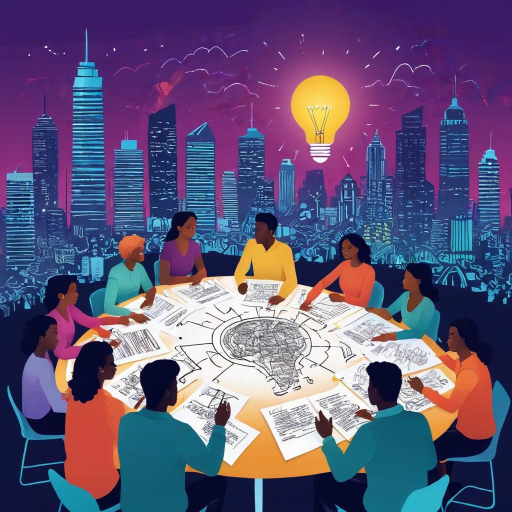 An illustration of a diverse group of people collaborating around a large table filled with dynamic, colorful notes and brainstorming sketches. They are passionately discussing and sharing ideas, with a light bulb glowing above them symbolizing creativity. The background features a city skyline indicating the impact of their ideas on the world. The colors are vibrant and the atmosphere is energetic and inspiring. vector art. vibrant colors. white background.