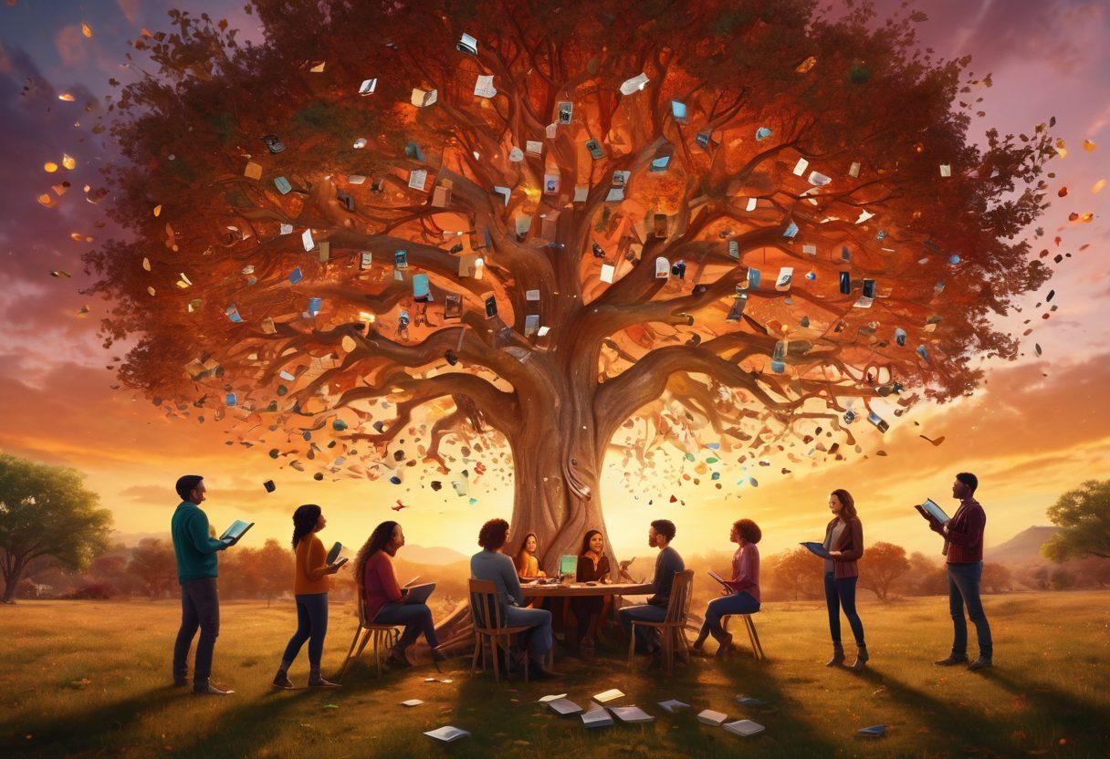 An engaging scene depicting a diverse group of individuals gathered around a large storytelling tree, each sharing their own brand stories, with vibrant colors swirling in the air symbolizing creativity and engagement. Include books and digital devices scattered around representing different storytelling methods, and a warm sunset in the background to evoke inspiration. super-realistic. warm colors. 3D.